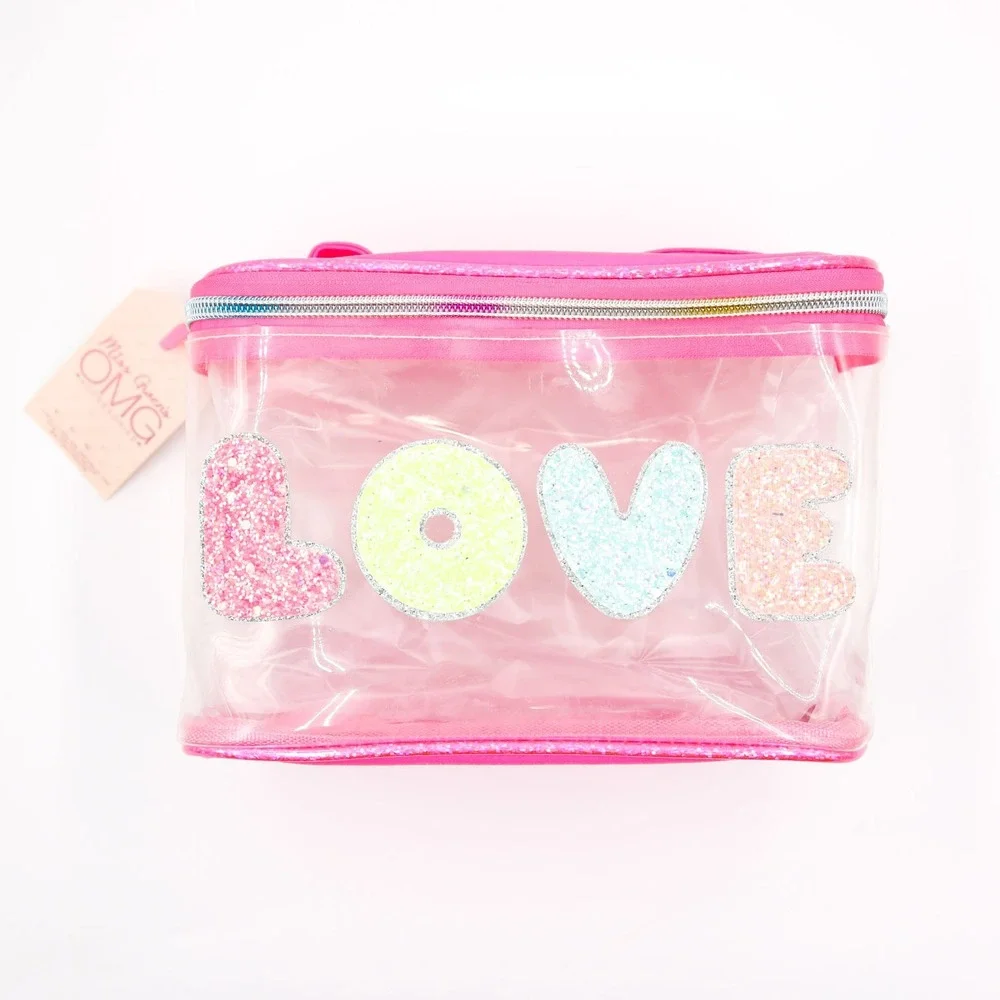 Miss Gwen's OMG - Girl's Love Glitter Clear Top Handle Train Case Bag - Hot Pink